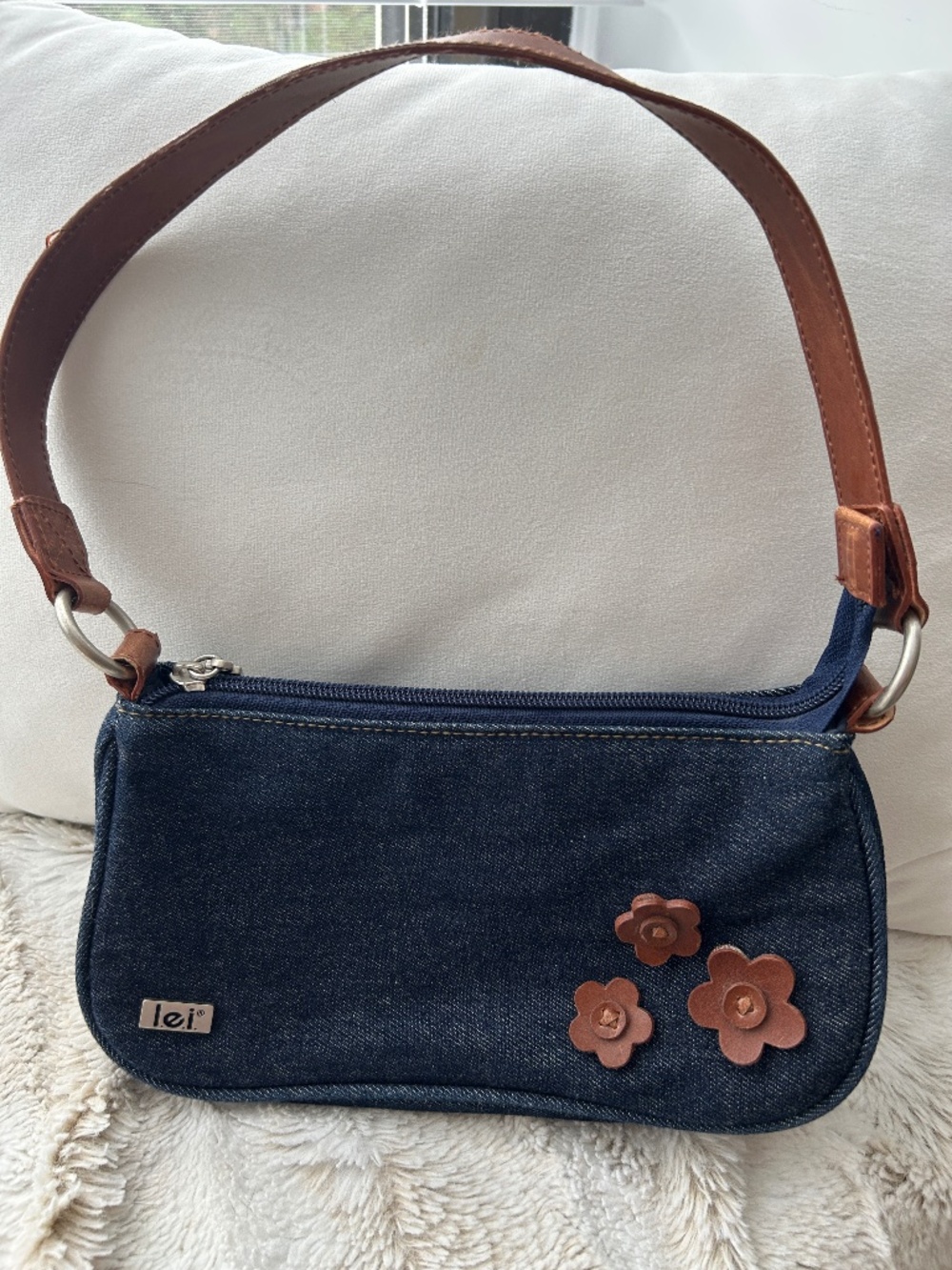 l.e.i denim Y2K Vintage DenimShoulder Bag w/ Flower Detailing